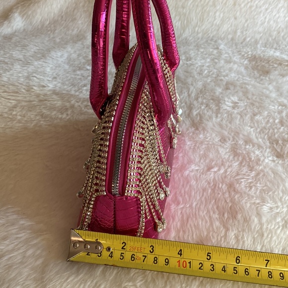 NWOT Adorably Chic Hot Pink Faux Croco Leather with dangling Rhinestones Bag - Picture 10 of 16